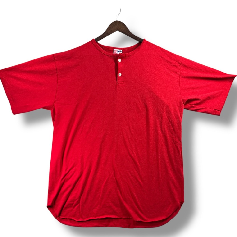 Vintage Eagle USA Henley T-Shirt Mens XL Red Short Sleeve Button Up Made in USA